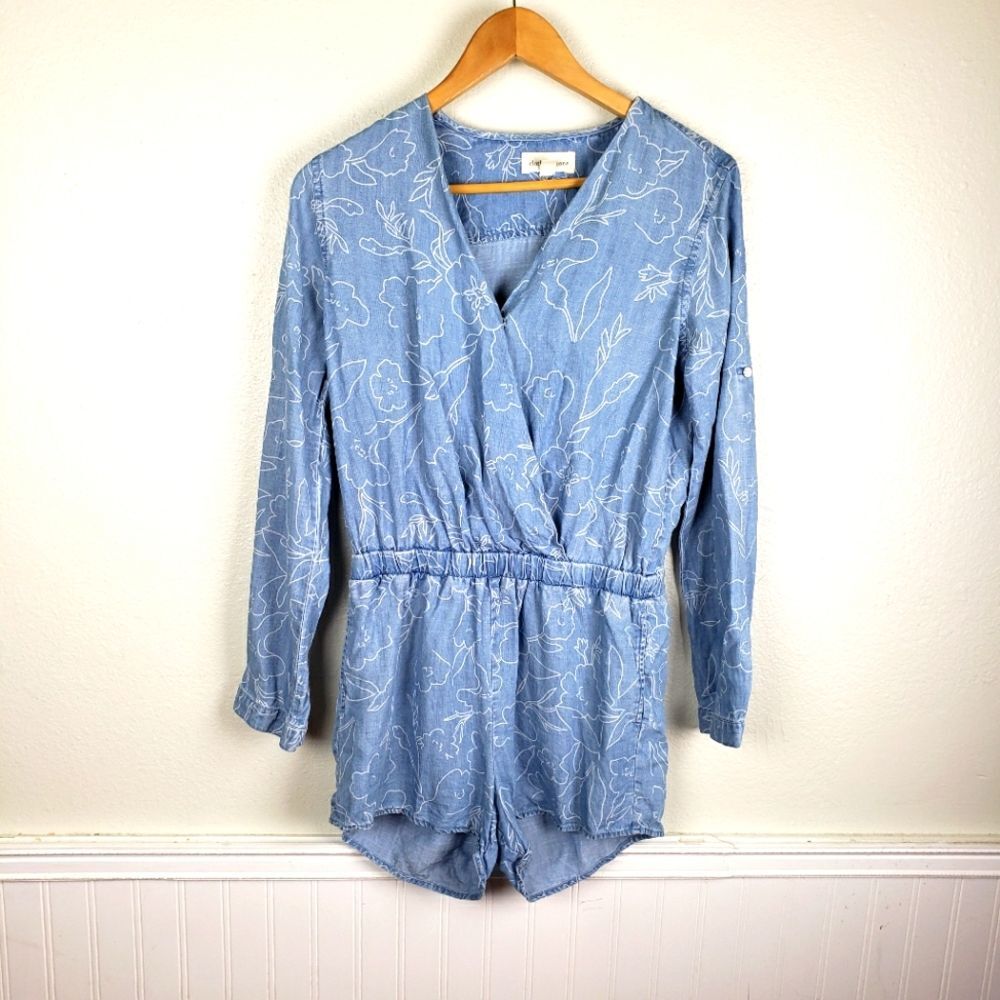 Cloth & Stone Romper XS Blue Floral Tencel Lyocell Chambray Long Sleeve Boho